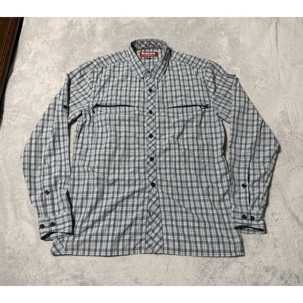 Simms Fishing Shirt Mens Medium Plaid Button Down Blue Gray Roll Up Sleeve